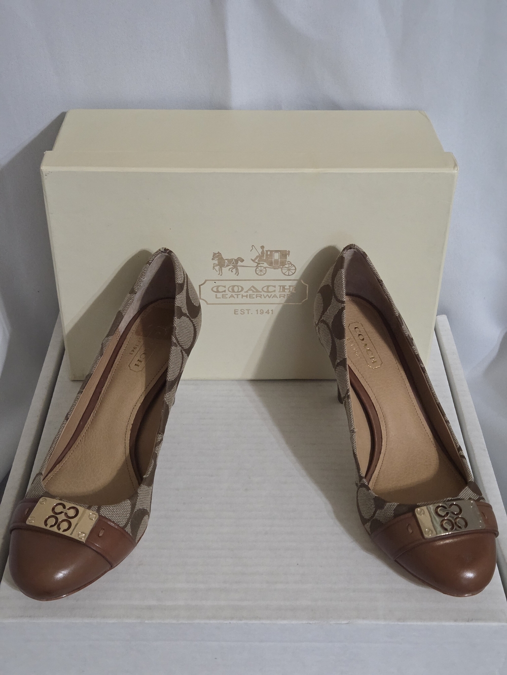 COACH Whitney Signature Canvas & Leather Heels US Women Size 6B Khaki/Cinnamon - Picture 4 of 12